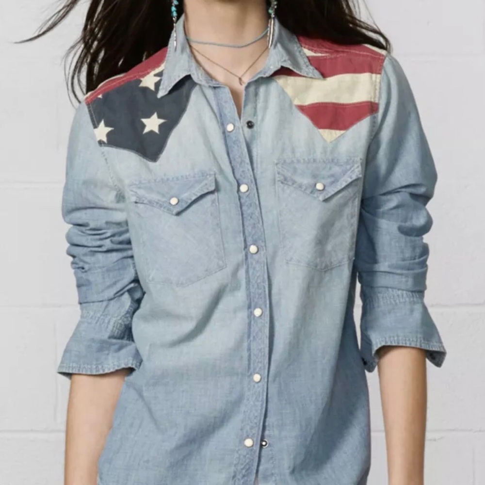 Ralph Lauren Western Blue Denim Shirt USA Flag